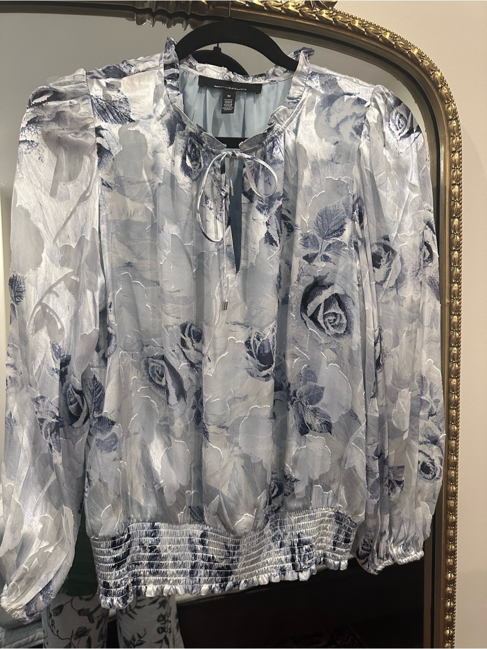 White House Black Market Blue and White Floral Tie-Neck Blouse